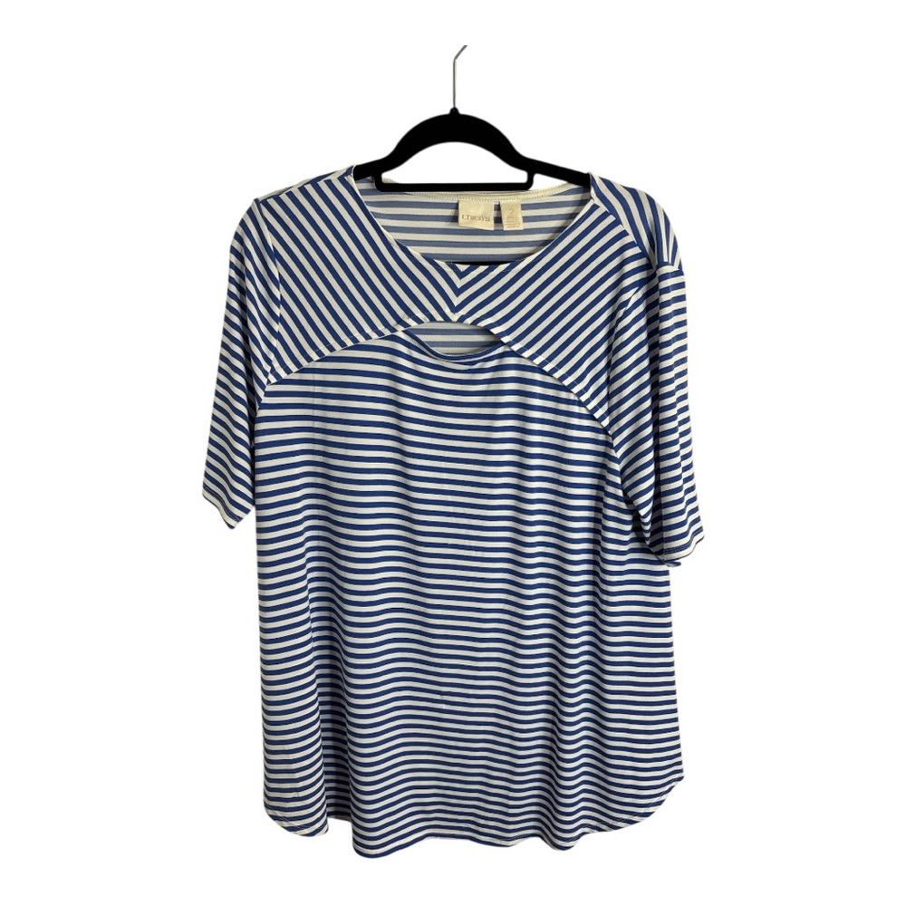 Chico's Women’s Navy and White Striped Short Sleeve Blouse Size L